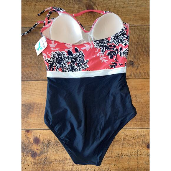NWT Womens Sea Angel Coral Peach Black Floral Halter One Piece Swimming Suit‎ M - Picture 4 of 9